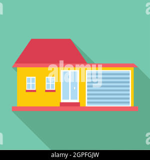 Big house with garage icon, flat style Stock Vector