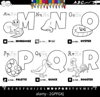 educational cartoon alphabet letters set from M to R color book page Stock Vector