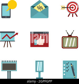 Types of advertising icons set, flat style Stock Vector