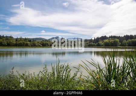 Mountain Landscape with Water in Foreground near Seaside Oregon Stock Photo