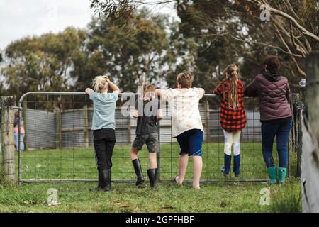 Woman with four children leaning on farm gate looking off into the field Stock Photo