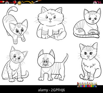 cartoon cats animal characters set coloring book page Stock Vector