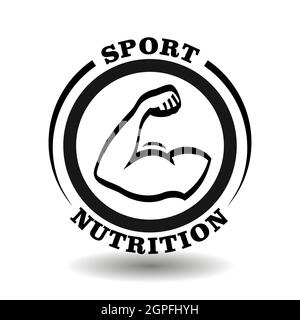 Creative round logo Sport Nutrition with muscle male arm icon, strong shoulder sign, athletic man hand pictogram for healthy meal symbol, sportive foo Stock Vector