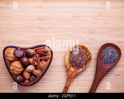 Selection food sources of omega 3 and unsaturated fats. Super food high vitamin e and dietary fiber for healthy food. Almond ,pecan ,hazelnuts,walnuts Stock Photo