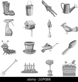 Gardening icons set, gray monochrome style Stock Vector