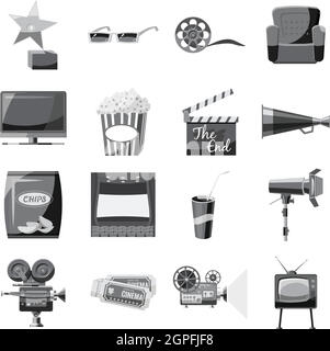 Cinema icons set, gray monochrome style Stock Vector