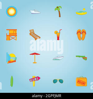 Stay in Miami icons set, cartoon style Stock Vector