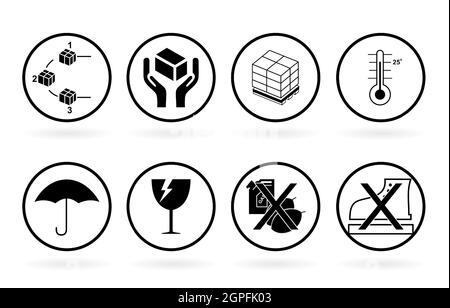 Packaging symbol fragile set collection. Fragile package icons set, handle with care logistics and delivery shipping labels. Fragile box, cargo warning vector signs Stock Vector