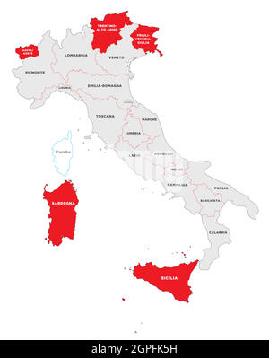 Vector map of the Italian regions with special law Stock Vector