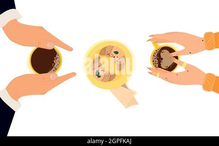 Hands are holding yellow cups of coffee. Stock Vector