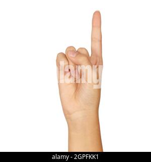 american sign language number 1. female hand gesturing isolated on white background Stock Photo