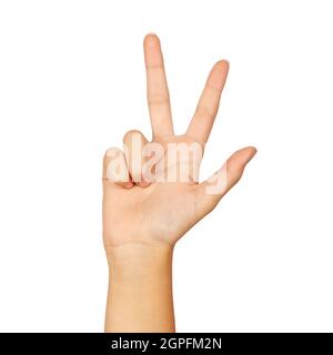 american sign language number 3. female hand gesturing isolated on white background Stock Photo