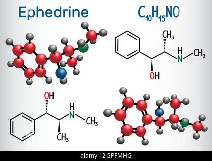 Ephedrine (C10H15NO) molecule, is a medication and stimulant. Structural chemical formula and molecule model Stock Vector