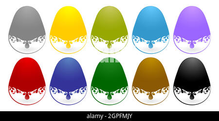 Label drops egg models with ten variation color isolated white backgrounds, liquids drops. Colorful droplets of oil, honey, ink paint, olive, water, lubricant and blood drop realistic vector set. Stock Vector