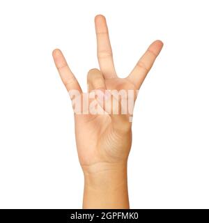 american sign language number 7. female hand gesturing isolated on white background Stock Photo