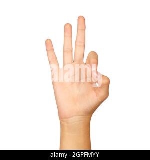 american sign language number 9. female hand gesturing isolated on white background Stock Photo