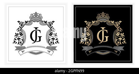 JG or GJ initial letter and graphic name Frames Border of floral designs with two variation colors, JG or GJ Monogram, Applicable for emblem, insignia, initial frames, wedding, fashion and jewelry Stock Vector