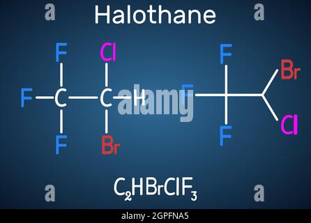 Halothane general anesthetic drug molecule. Structural chemical formula on the dark blue background. Sheet of paper in a cage Stock Vector