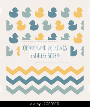 Ducks and zig zag chevron seamless patterns Stock Vector
