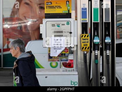 Markfield, Leicestershire, UK. 29th September 2021.  A sign hangs from a petrol pump reserved for the Emergency Service and NHS workers after the government urged people to carry on buying petrol as normal, despite supply problems that have closed some stations. Credit Darren Staples/Alamy Live News.