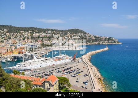 Aerial panoramic view of Port Lympia with a cruise ship, Nice, South of France.