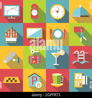 Hotel icons set, flat style Stock Vector