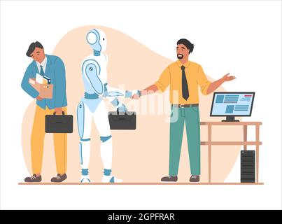 Dismissal employee, boss shaking robot hand, flat vector illustration. Artificial intelligence superiority. Automation. Stock Vector