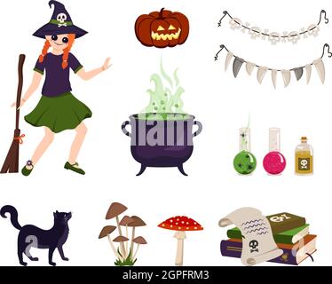 Set of festive elements for Halloween. Red haired girl witch with brooms, cauldron and ingredients for making potions and spells Stock Vector