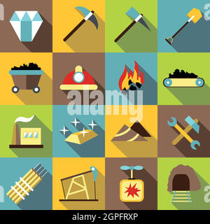 Mining production icons set, flat style Stock Vector