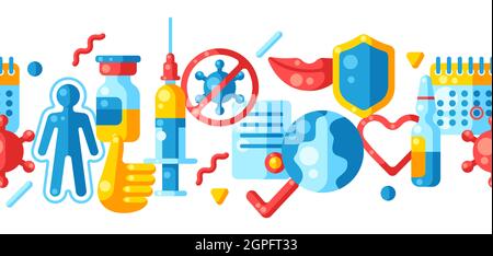 Vaccination seamless pattern with vaccine icons. Immunization items. Health care and protection from virus. Stock Vector