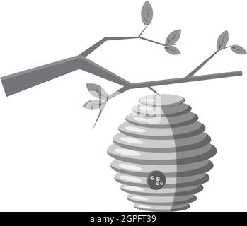 Beehive on tree icon, gray monochrome style Stock Vector