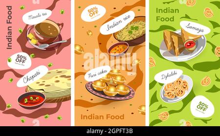 Cuisine of India, lunch and desserts on plates Stock Vector