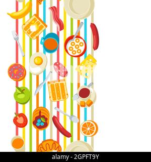 Healthy breakfast seamless pattern. Various food and drinks. Illustration for cafes, restaurants and hotels. Stock Vector