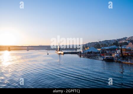 Turkish navy warship sailing in the Mediterranean sea. Protection of ...