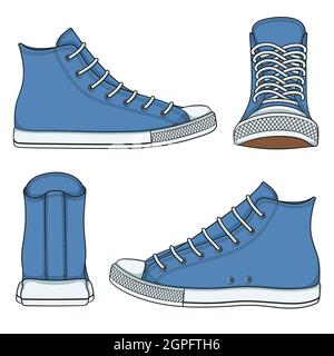 Set of illustrations with blue sneakers. Isolated vector objects on white background. Stock Vector