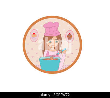 Cartoon of smiling woman in kitchen mixes the dough Stock Vector