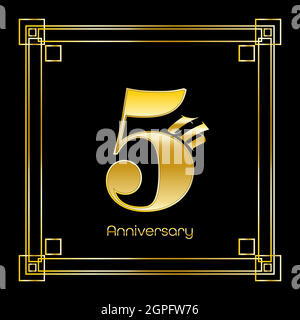 Number Five Logo Design With Square Ornament, luxury golden design Stock Vector
