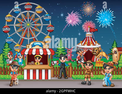 People worker in the amusement park at night Stock Vector