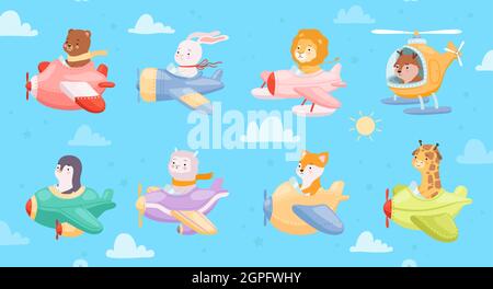 Cartoon airplanes. Kids animals flying in avia transport plane and helicopters vector childrens collection Stock Vector