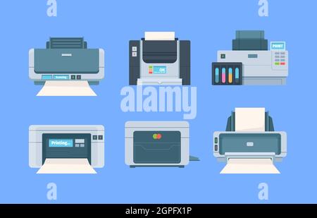 Printers. Documents and photo on papers copy machines for printing house vector flat illustration Stock Vector