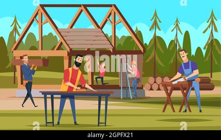 Wooden roof builders. Professional carpenters team making building handyman and craftsman working vector cartoon house background Stock Vector