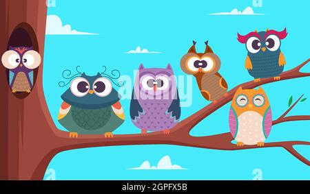 Owls branches. Cute funny group of wild baby birds sitting on branches tree big expression cartoon eye vector background Stock Vector