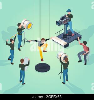 Movie set. Film makers director actors and technical staff working video production process cameras technic vector isometric Stock Vector