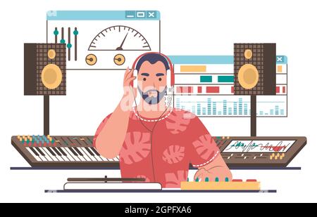 Sound designer, engineer, editor creating music in studio, flat vector illustration. Sound and music recording, mixing. Stock Vector
