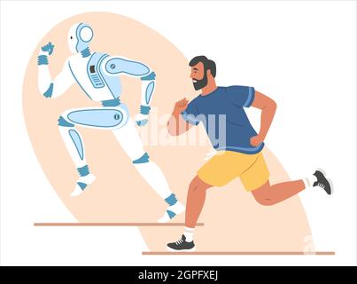 Robot and human running marathon race, flat vector illustration. Ai, robotic machine winning competition. Stock Vector
