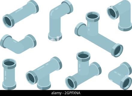 Pipe isometric. Industrial connection oil pipes with red valve vector isolated set Stock Vector