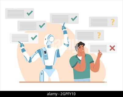 Robot machine answering questions much more quickly and properly than human, vector illustration. Robots superiority. Stock Vector