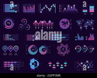 Business infographic. Charts futuristic graphs holographic bar ui panels dark theme vector template Stock Vector
