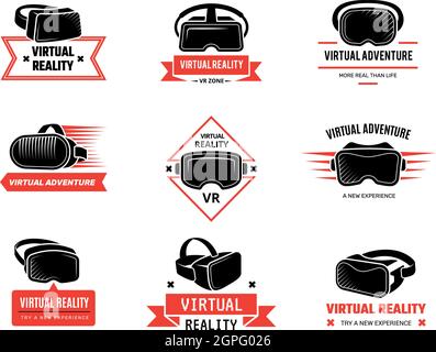 Vr helmet logo. Badges set for gamers future technology headset virtual reality entertainment vector emblems Stock Vector