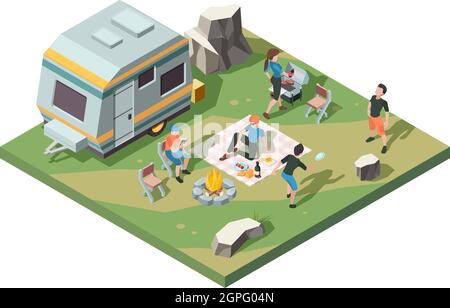 Outdoor picnic party. Camper fire place tent camp barbecue party table for food street grill pork and sausage vector isometric scene Stock Vector